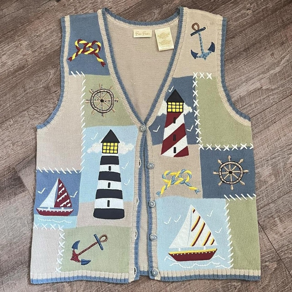 Bobbie Brooks Vintage Sailboat Button Up Granny Sweater Knitted Vest Nautical